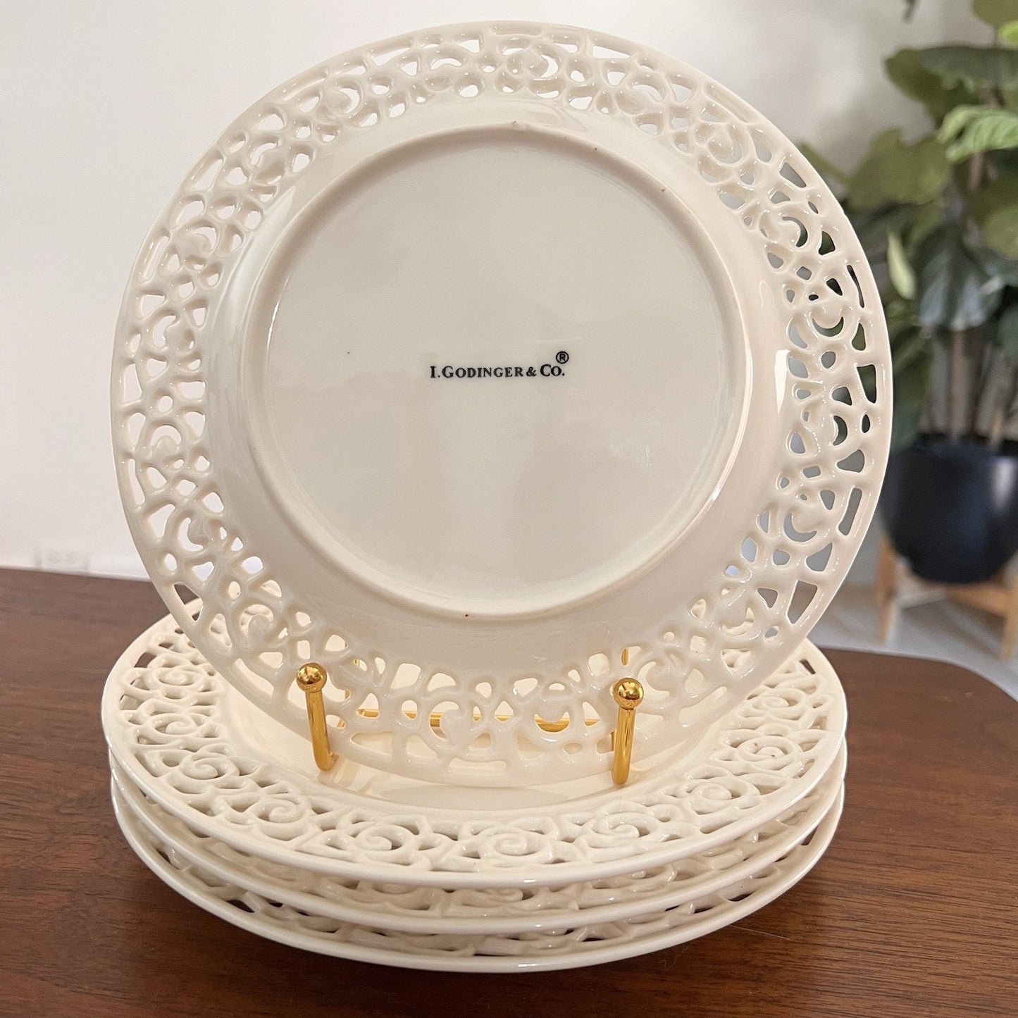 RARE Godinger Cream Lace 8” Set Of 4 Salad Dessert Plates *Perfect Condition*