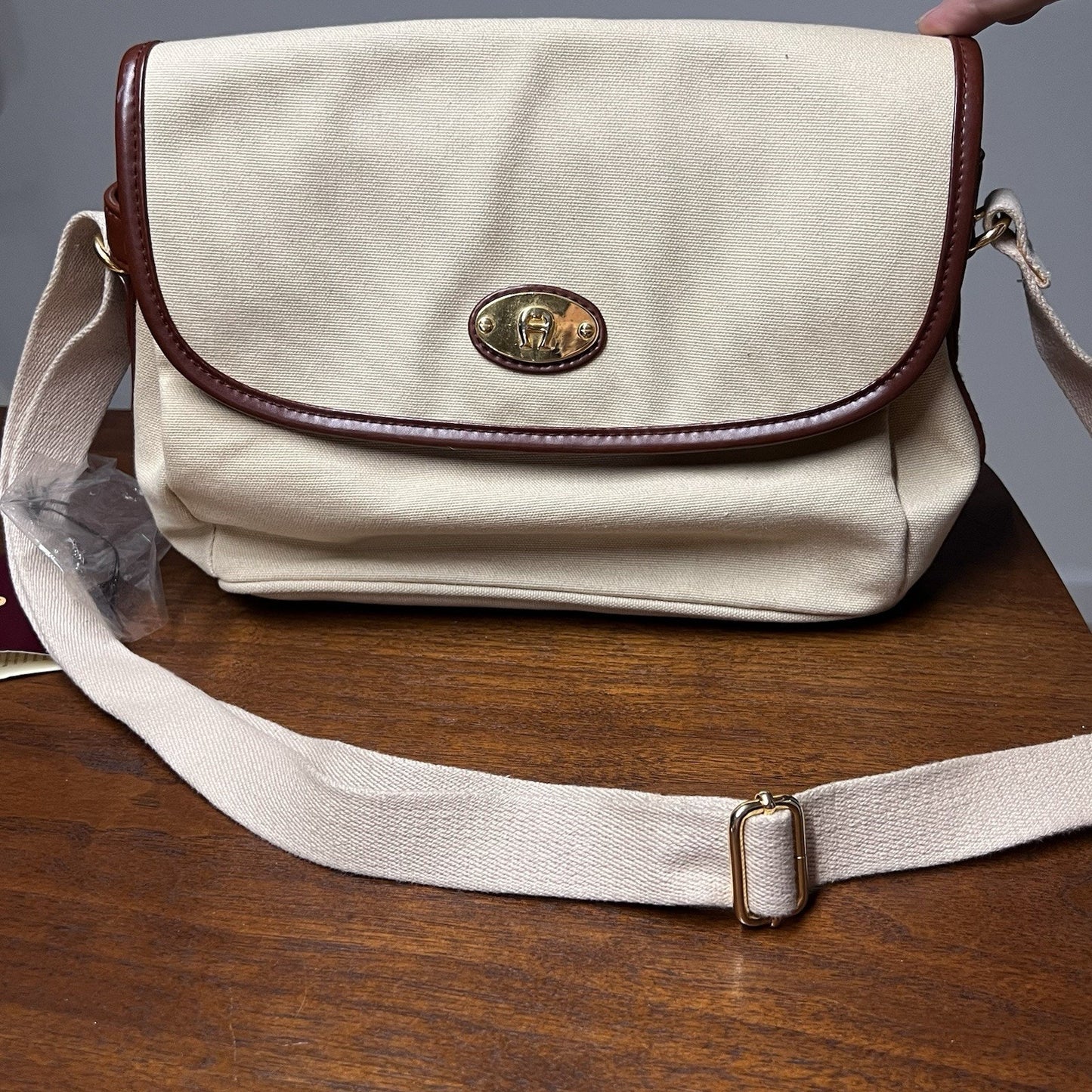 NWT Etienne Aigner Canvas Shoulder Bag Purse Tan Brown Leather Gold 9x10 Casual