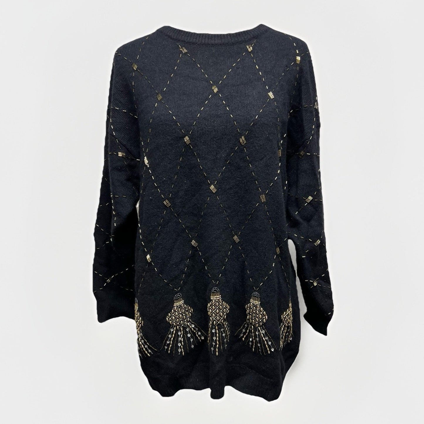 Holiday Sweater (L) Wool Angora Black Gold Beaded Christmas Elegant Classic