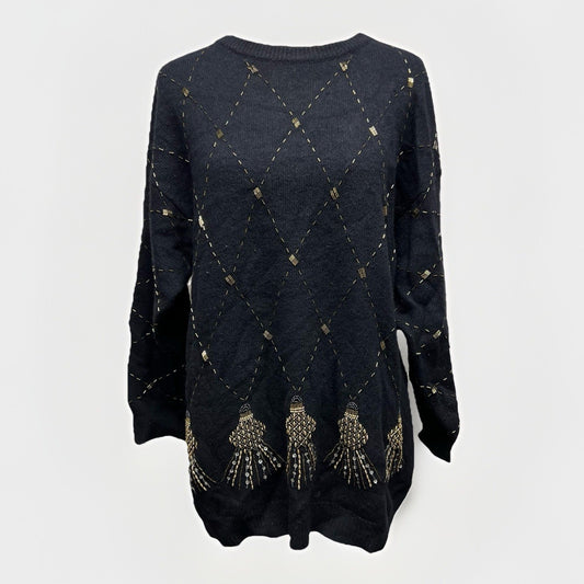 Holiday Sweater (L) Wool Angora Black Gold Beaded Christmas Elegant Classic