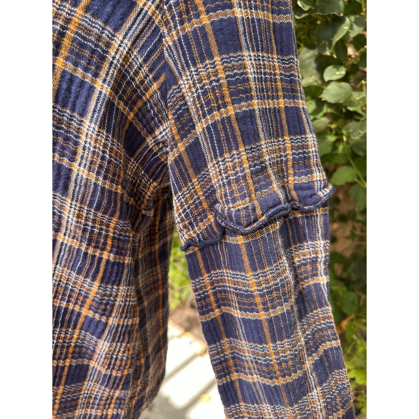 Madewell XXL Plaid V Neck Long Sleeve 100% Cotton Ruffle Blue Brown Top Shirt