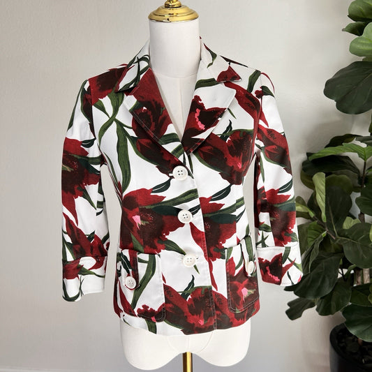 Lafayette 148 New York Women Blazer Sz 4 Petite White 3/4 Sleeve Floral Print