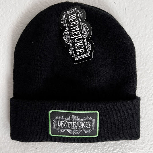 NWT Rare Beetlejuice Logo Patch Knit Cuff Beanie Black Unisex Winter Official