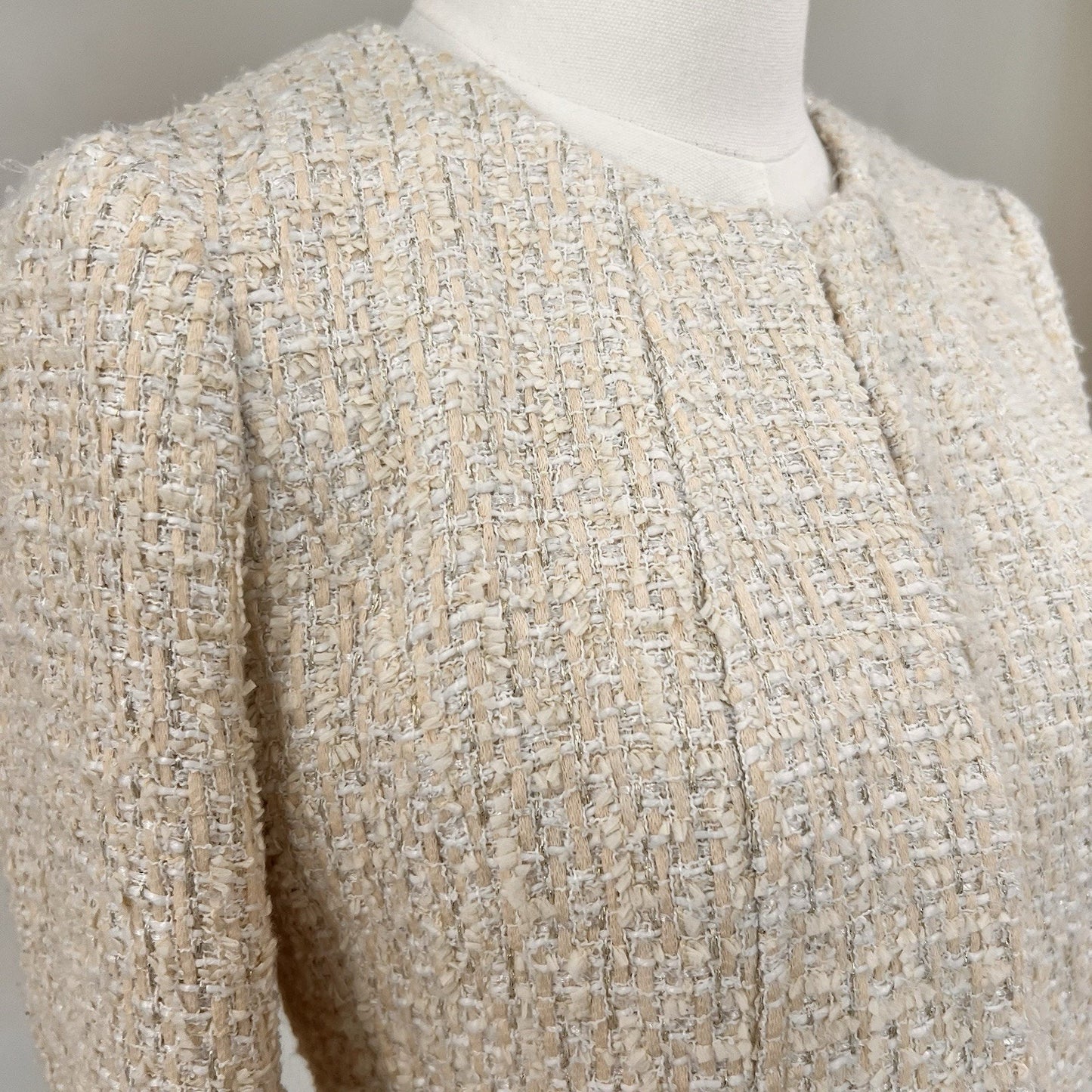 Brooks Brothers Cropped Blazer 6P Womens Tweed Collarless Ivory Metallic Thread