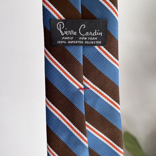 Pierre Cardin Brown Blue Orange Rep Striped Necktie Retro Vintage MCM Monogram