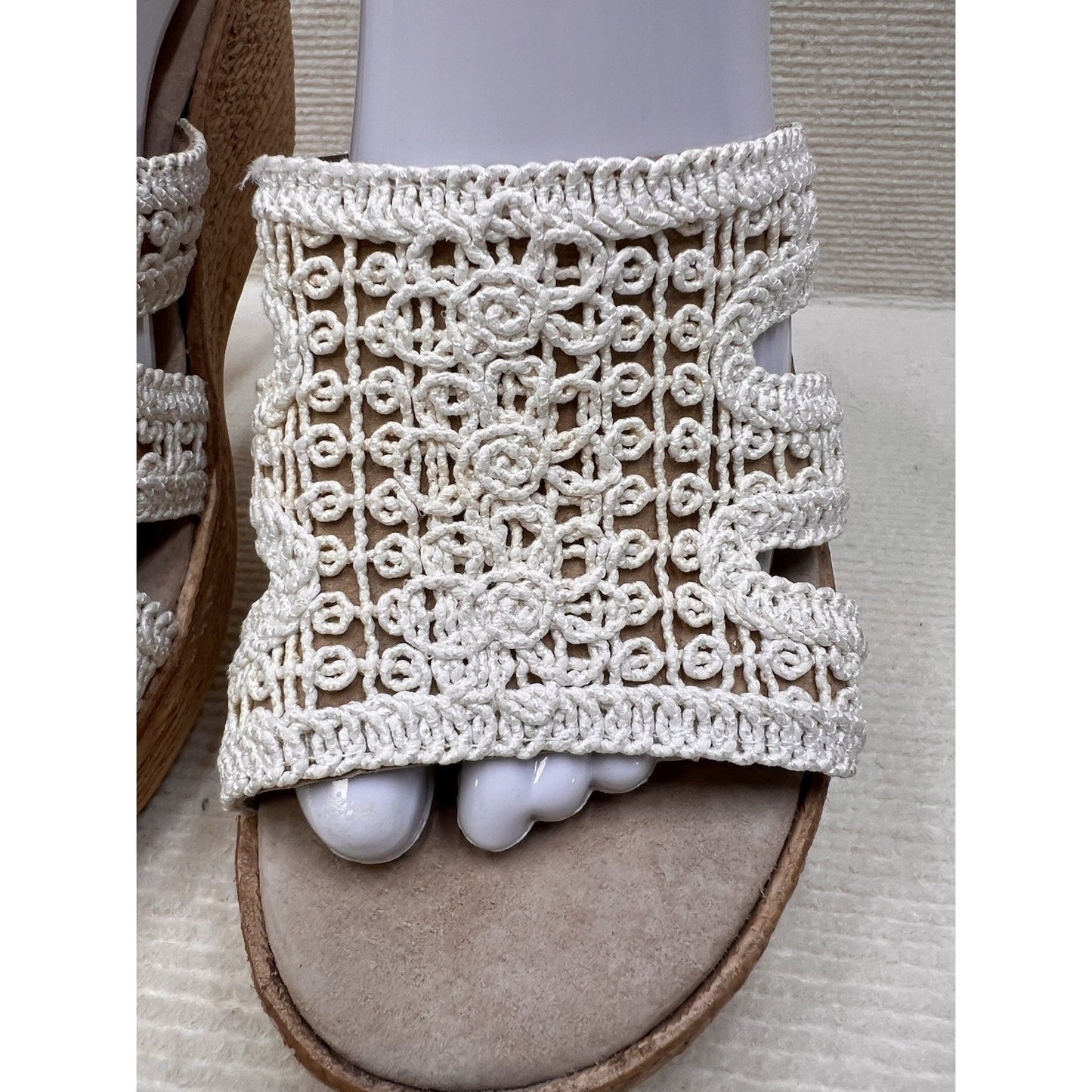Vintage Sbicca Macrame Crochet Platform Wedge Sandals Woodgrain Slide Boho Sz 8