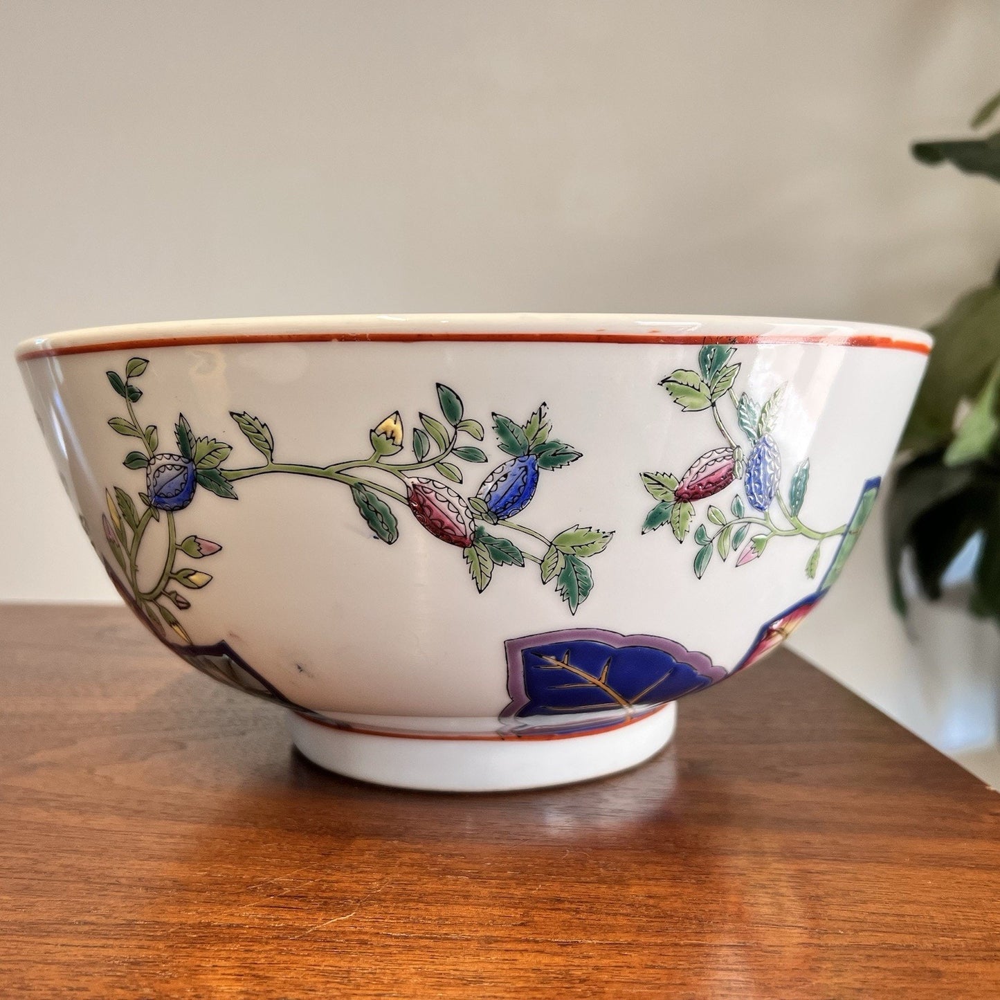 Chinese Export Tobacco Leaf Bowl 12x8” Chinoiserie Oriental Asian Hand Painted