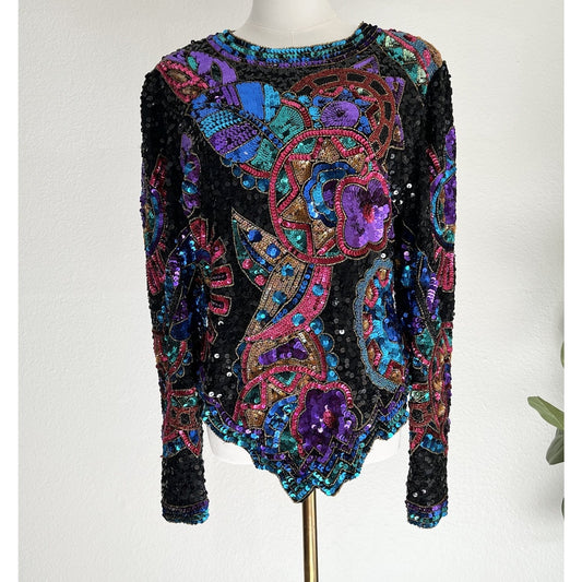 Laurence Kazar Top (L) 80s Glam Sequin Beaded Maximalist Statement Bold Party