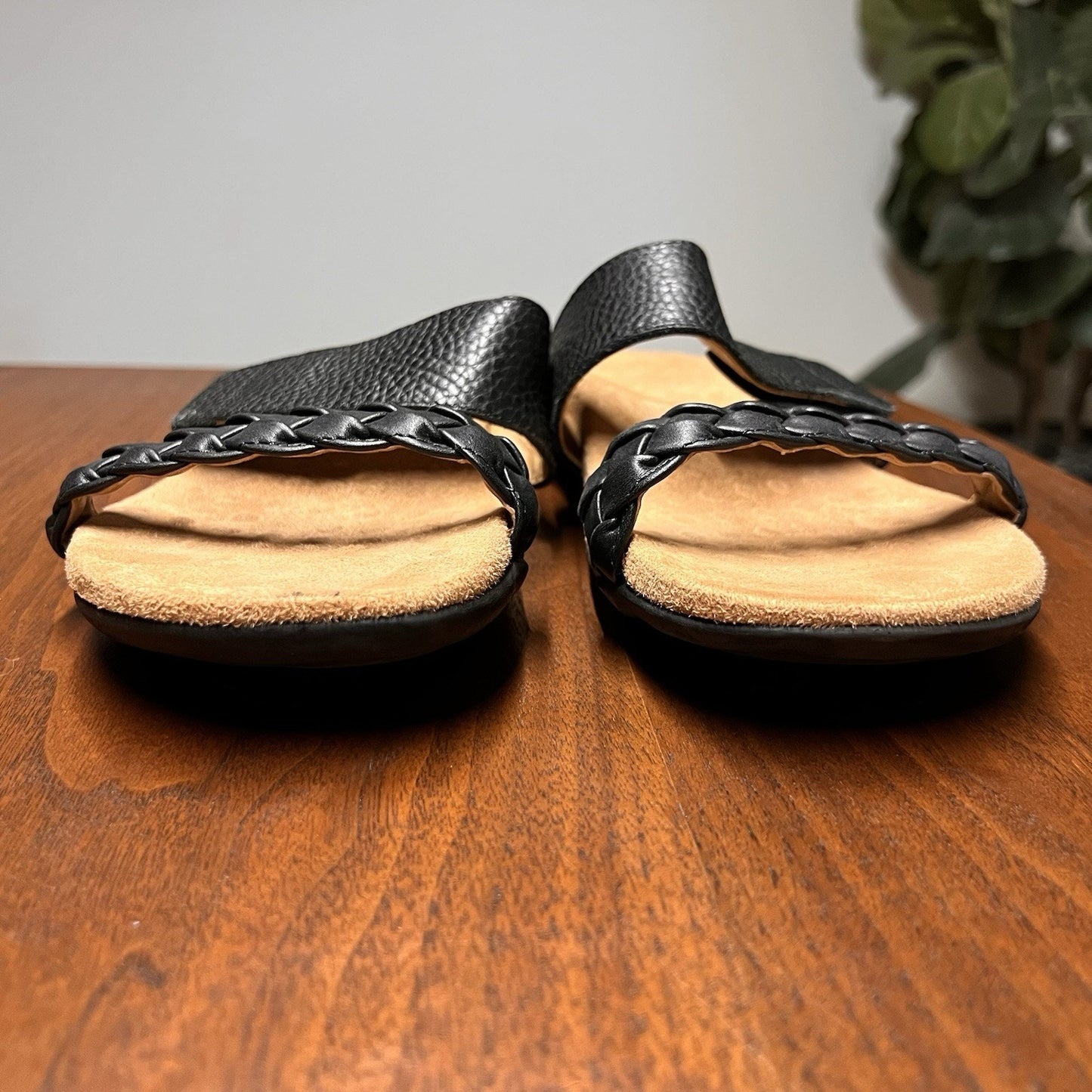 Vionic Jeanne 10 Leather Sandal Black Braided Slide Orthotic Adjustable Arch
