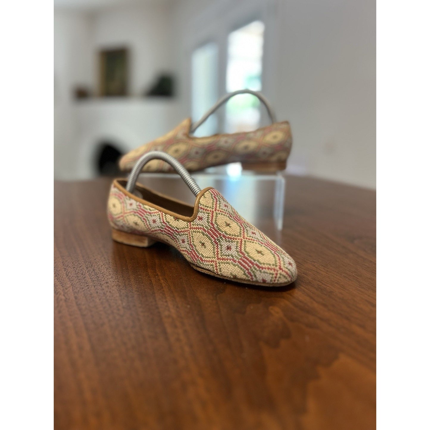 Vintage Zalo Needlepoint Smoking Slippers Loafers Geometric Tapestry Spain Sz 6M