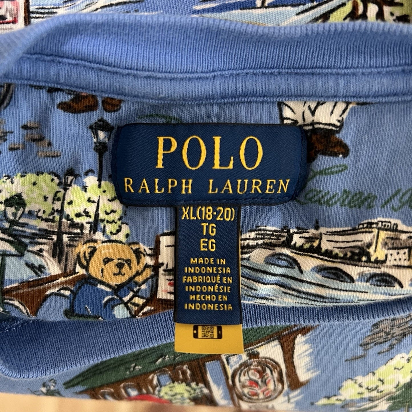 Polo Ralph Lauren Blue Paris Bear Print T Shirt Boys XL 18-20 Preppy AOP