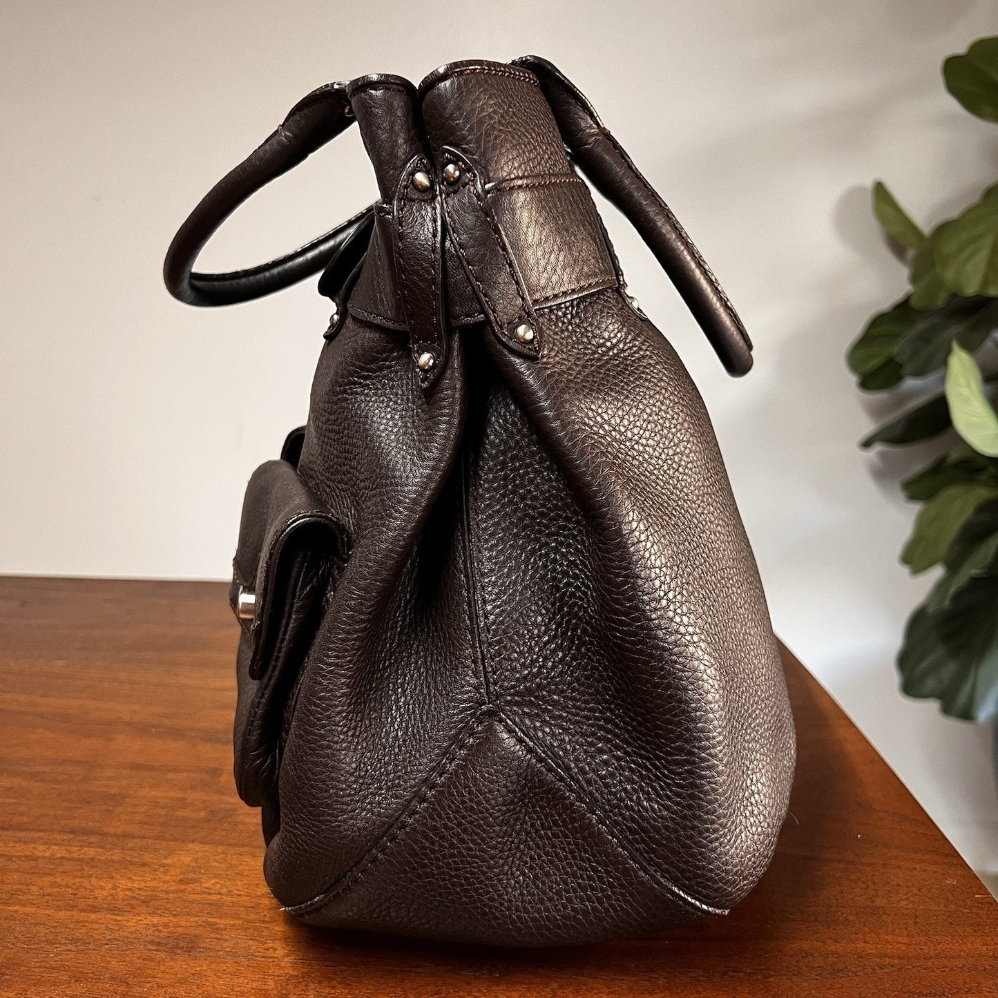$400 Cole Haan Belted Brown Pebbled Leather Tote Satchel Shoulder Bag Purse