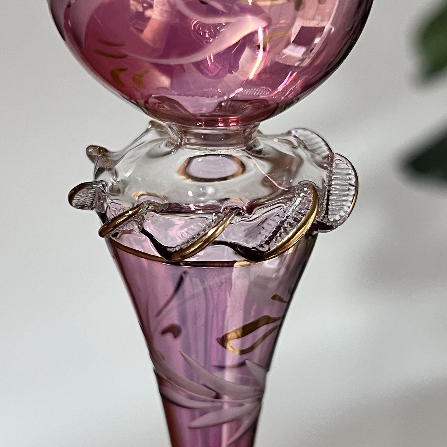 Vtg Blown Glass Etched Hand Painted Egypt Pink Gold Teardrop Christmas Ornament