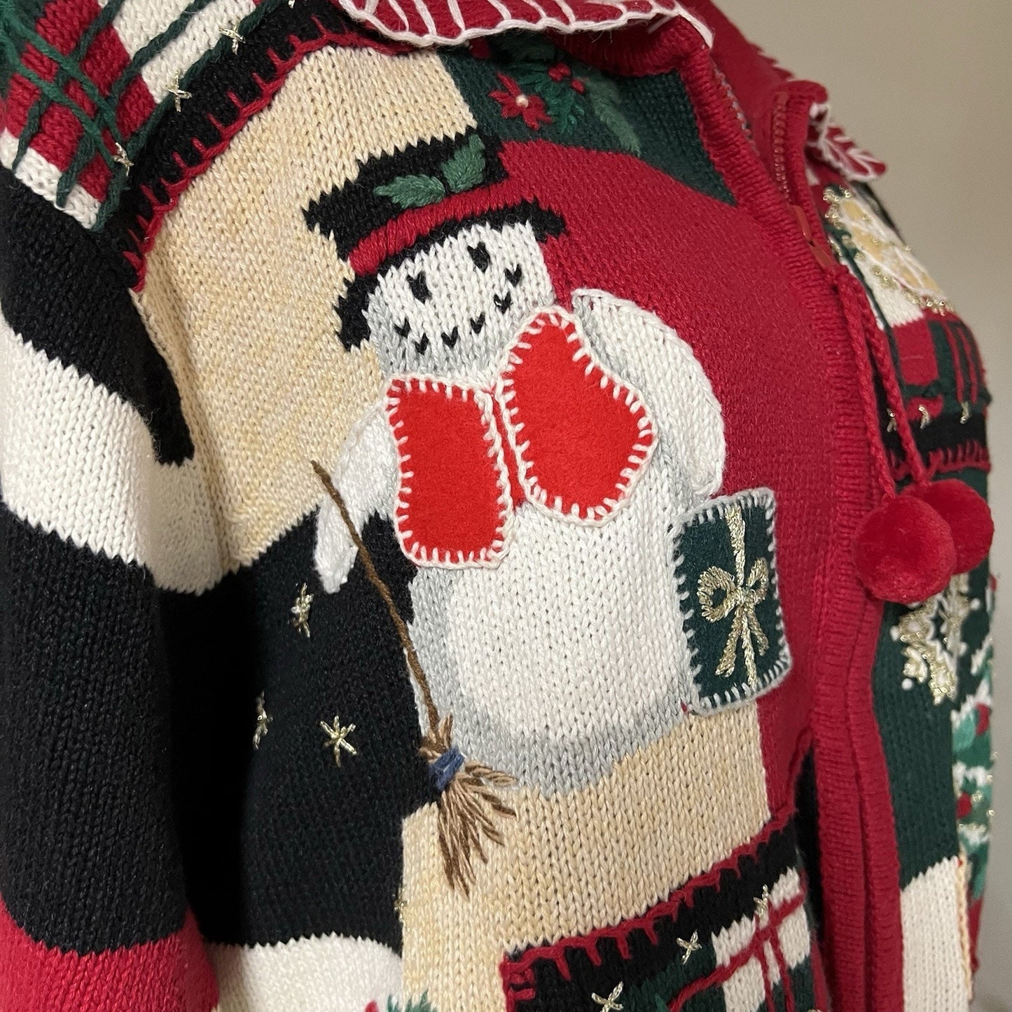 90s Ugly Christmas Sweater (L) Full Zip Knit Embroidered Snowman Tiara Int.