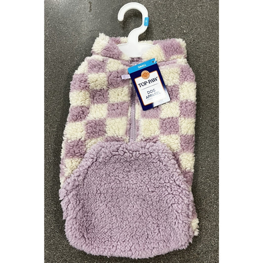 Top Paw Checkered Fleece Zip Up Jacket For Dogs. Purple Size S