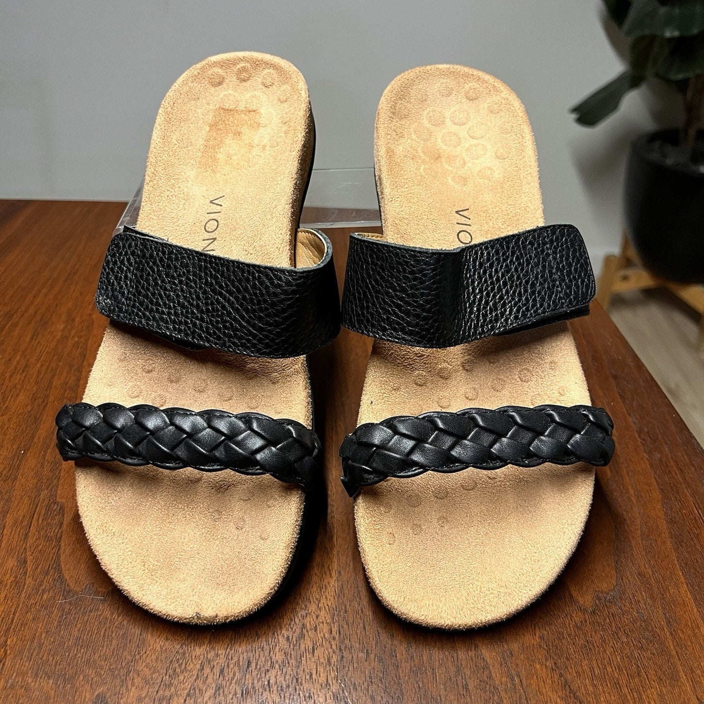 Vionic Jeanne 10 Leather Sandal Black Braided Slide Orthotic Adjustable Arch