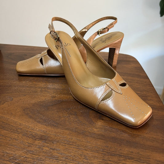 NEW Linea Paolo 7W Camel Slingback Mary Jane Square Toe Short Block Heel Retro