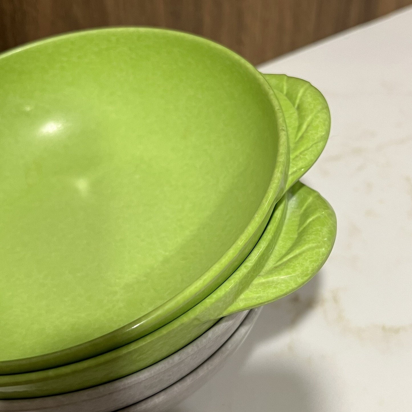 Branchell Melmac Lugged Soup Bowls Color-Flyte Royale Spray Lime & Mist Grey