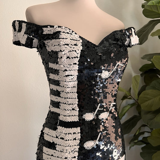 Vintage Nadine (S) Hand Beaded Piano Music Sequin Kitsch Cocktail Dress Unique