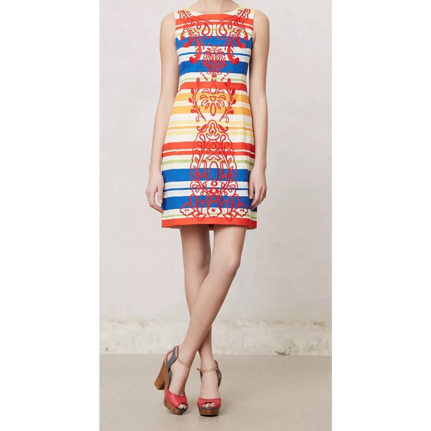 $178 NWOT Tabitha (8) Anthropologie Totem 100% Cotton Dress Stripe Embroidered