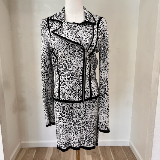 NWOT Y2K Caché Two Piece Skirt Set Leopard Print Moto Zip Glam Mob Wife Chic