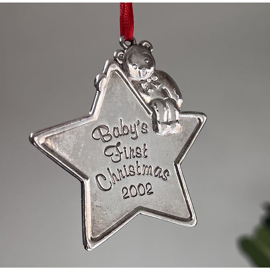 Reed & Barton 2002 Baby's 1st Christmas Ornament Silver Plated 3302 Bear Star 3”