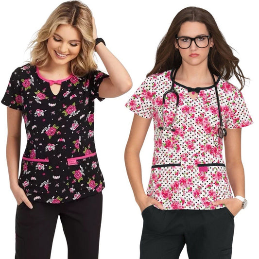 Set Of Two XS Betsey Johnson Scrub Top Black White Pink Hearts Floral AOP