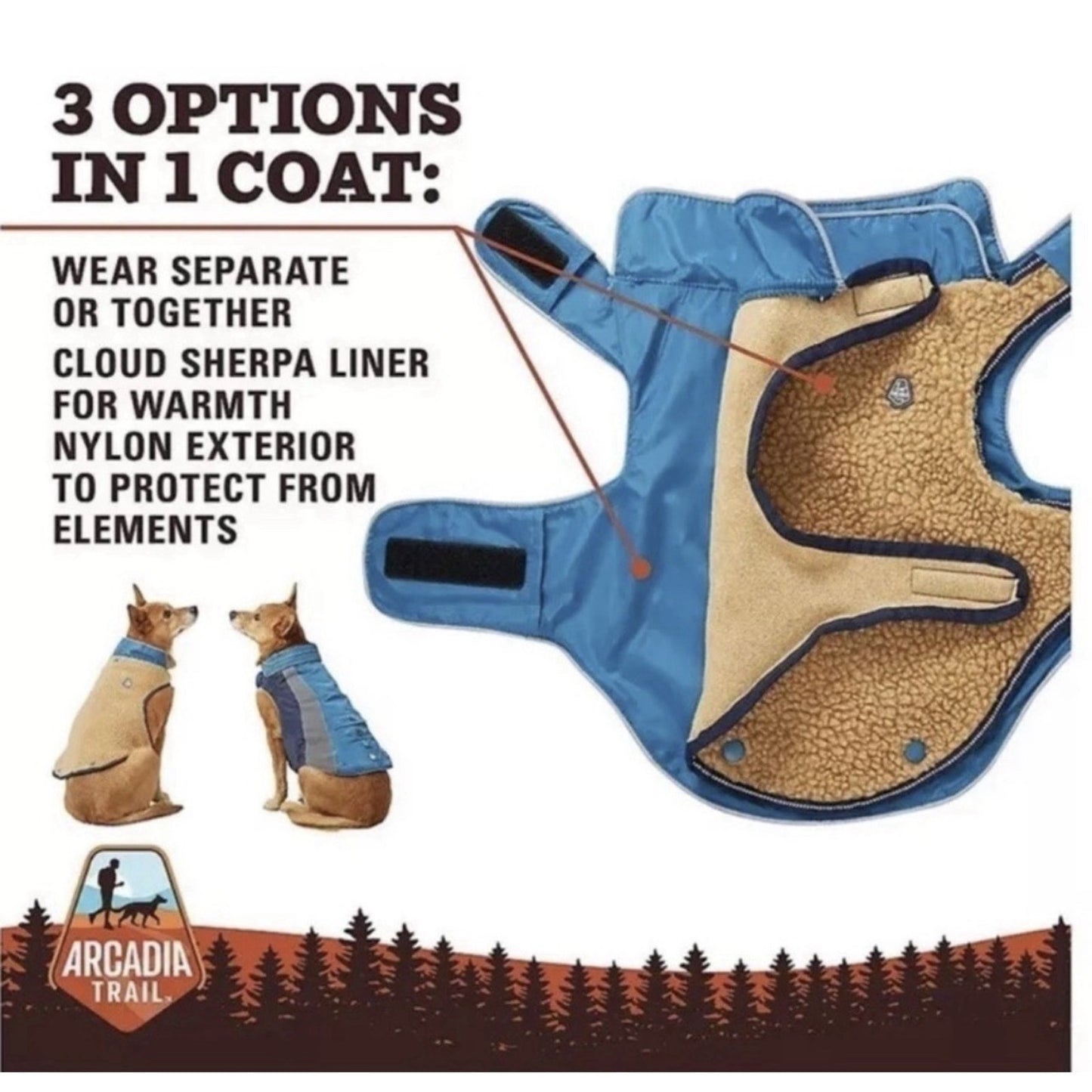 Arcadia Trail XXL Dog Coat Removable Fleece Liner Reflective Water Repel Camping