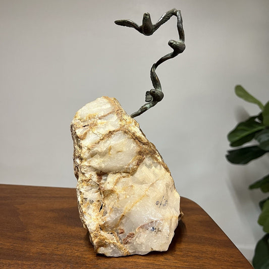 Signed Sculpture Birds In Flight Bronze And Quartz