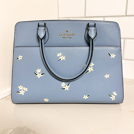 Kate Spade Madison Medium Crossbody Satchel Embroidered Floral Blue Leather