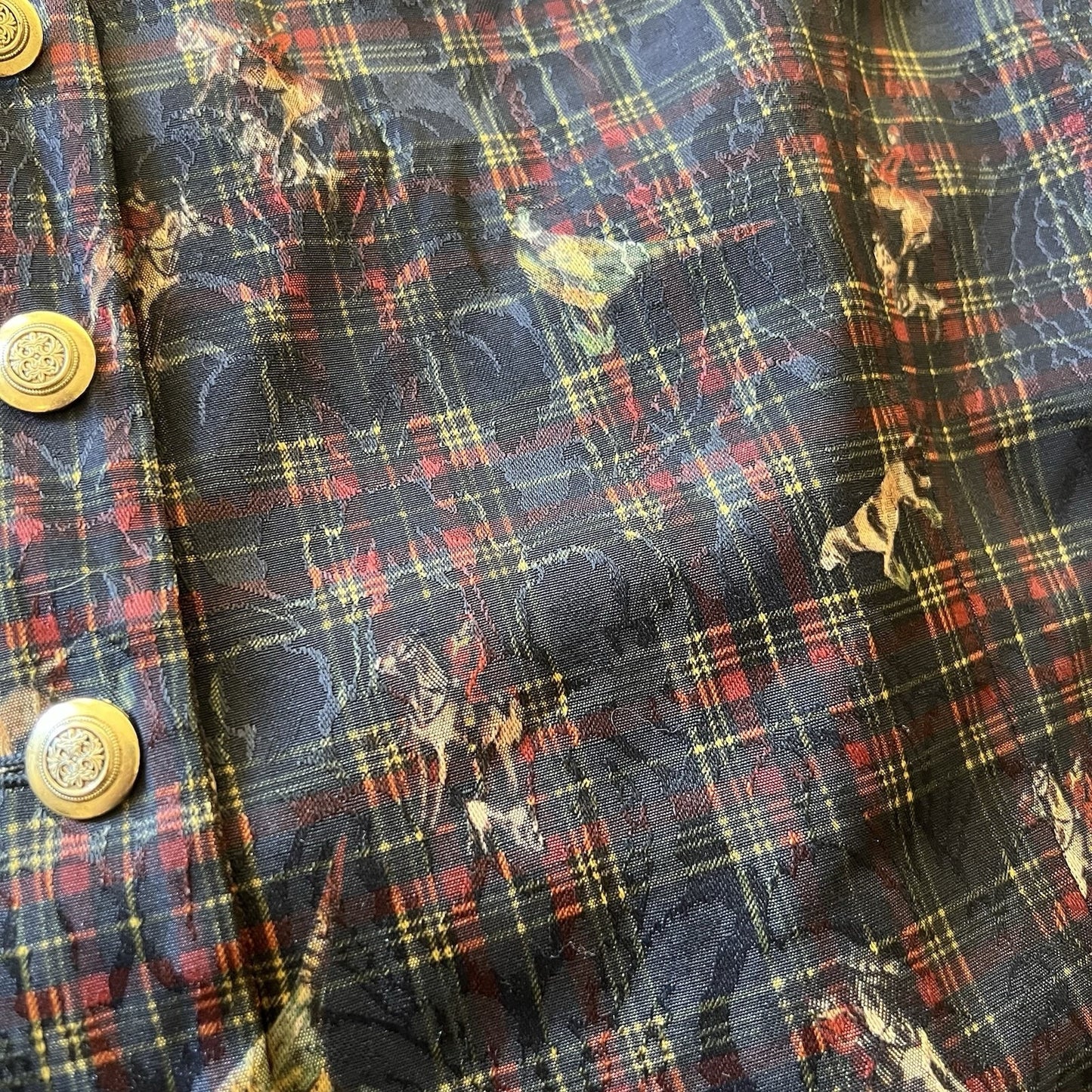 90’s LIZ CLAIBORNE Vest 12 Horse Pheasant Hunting Dog Navy Plaid Button Up
