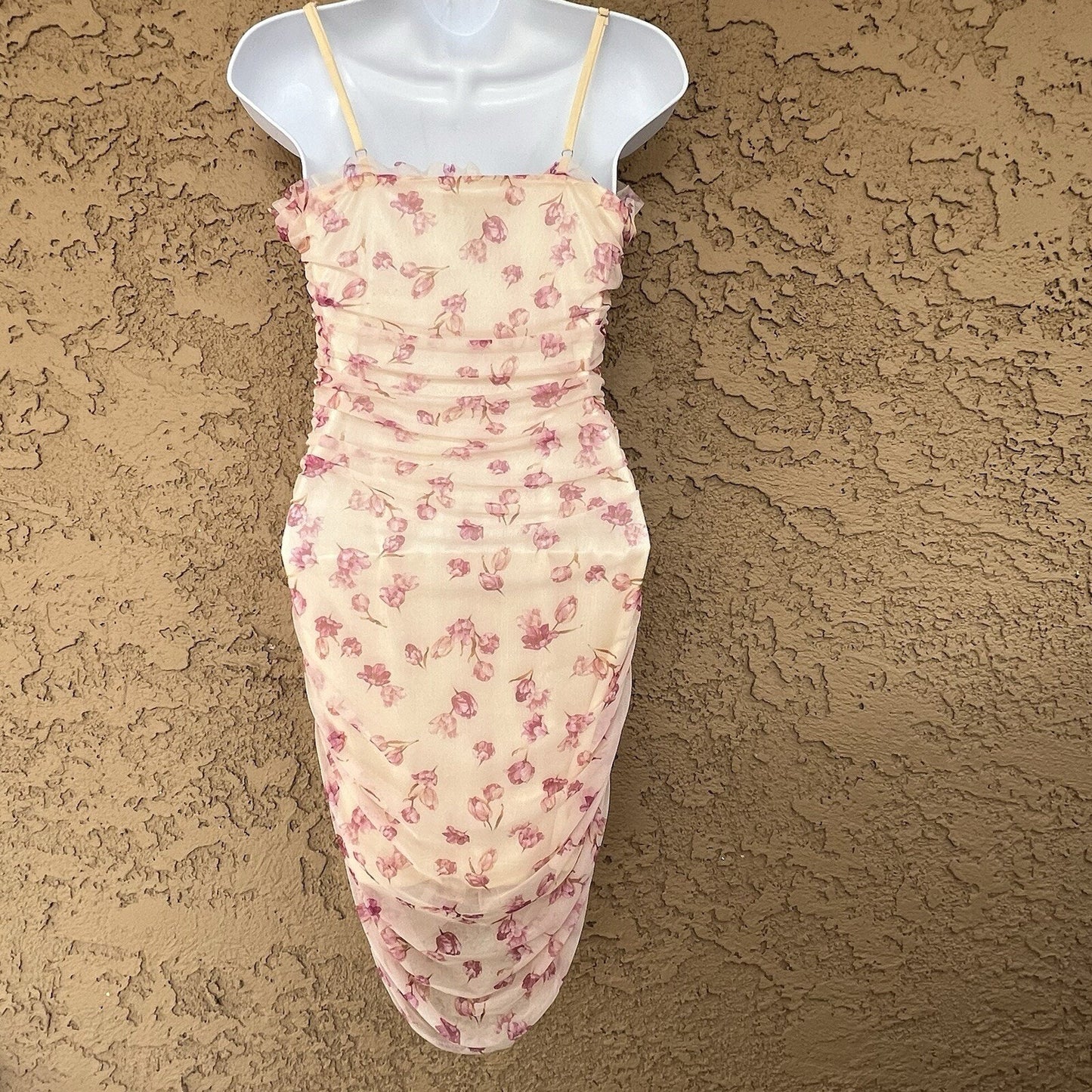Y2K 90s SBetro Lace Up Sheer Ruched Floral Mesh Dress Mini Bodycon Sz M Girly