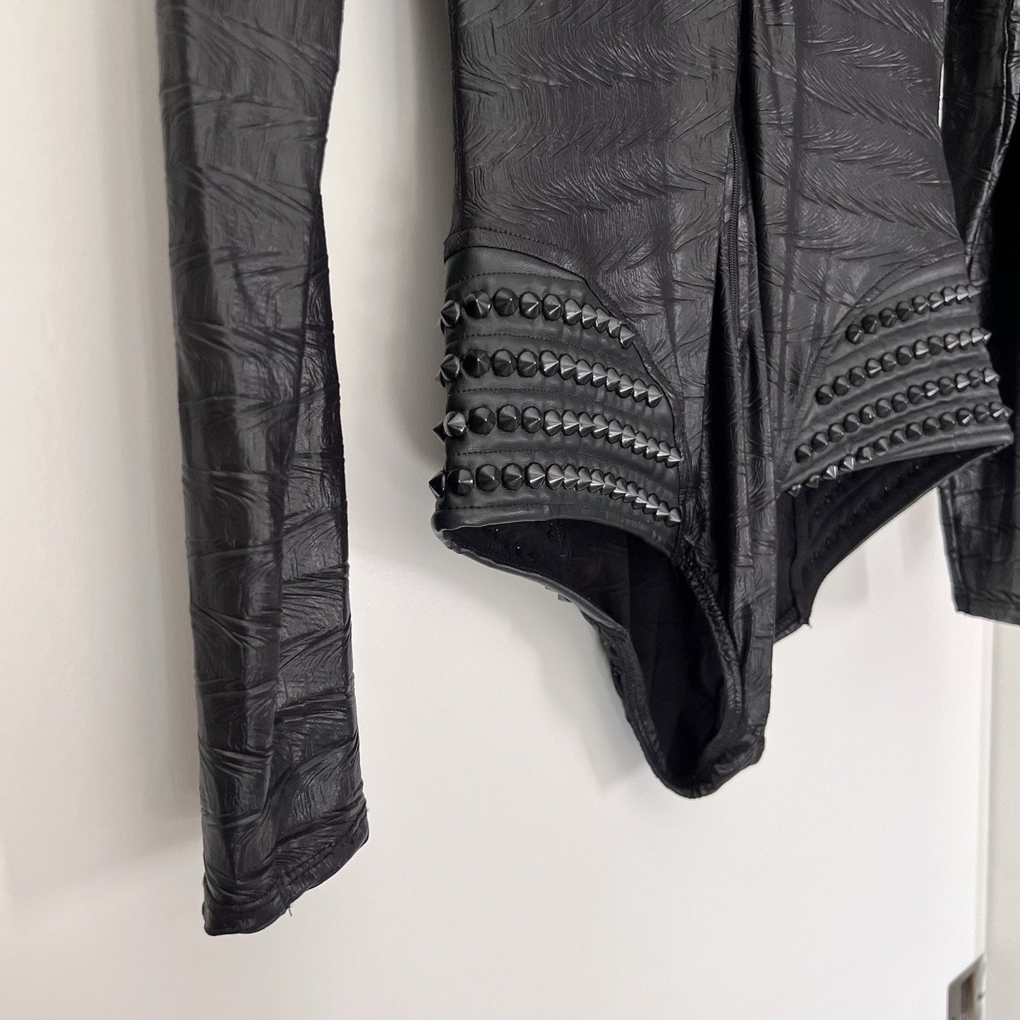 L.A. Roxx S/M Bodysuit Faux Black Leather Spike Studs Zip Up Hood Long Sleeve