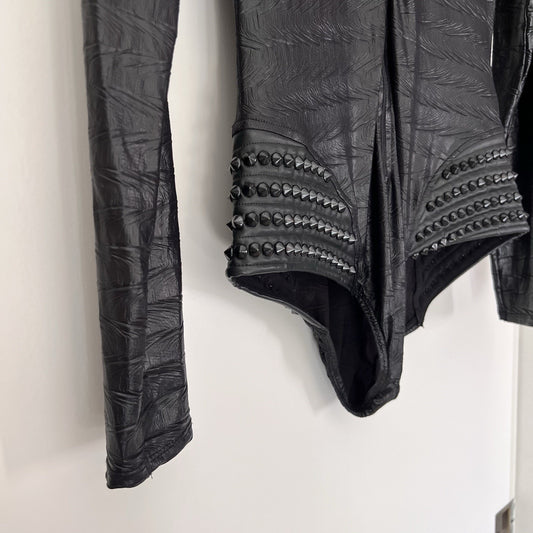 L.A. Roxx S/M Bodysuit Faux Black Leather Spike Studs Zip Up Hood Long Sleeve