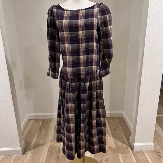 Vintage Eileen West Nightgown Wool Cotton Long House Dress Sleeve Plaid Flannel