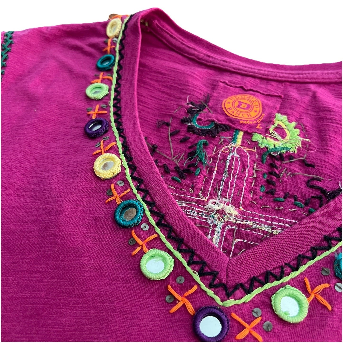 Double D Ranch (L) Purple Embroidered Bling Cross Short Sleeve Shirt Western