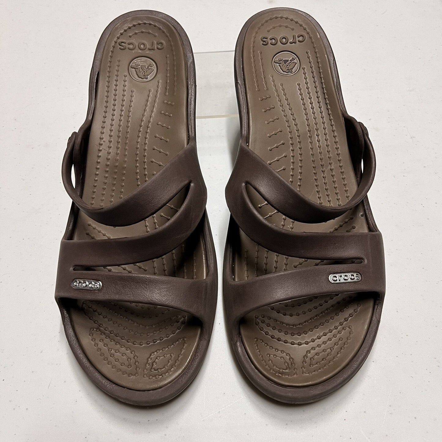 Crocs Patricia Women 10W Wedge Sandal Brown Rubber Slide Slip On Comfort Strappy