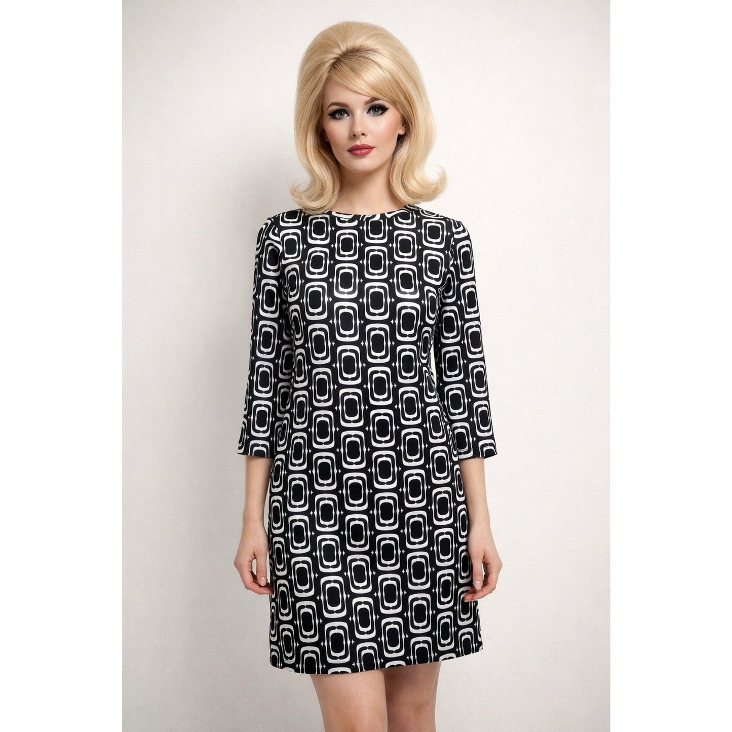 Lesley Evers XS Shift Dress Mid Retro 60s Style Black White Geometric Op Art