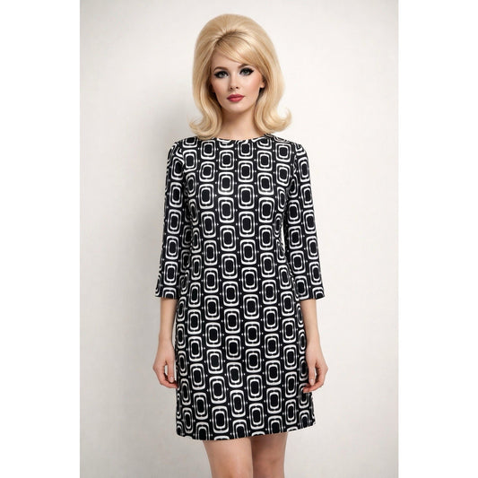 Lesley Evers XS Shift Dress Mid Retro 60s Style Black White Geometric Op Art