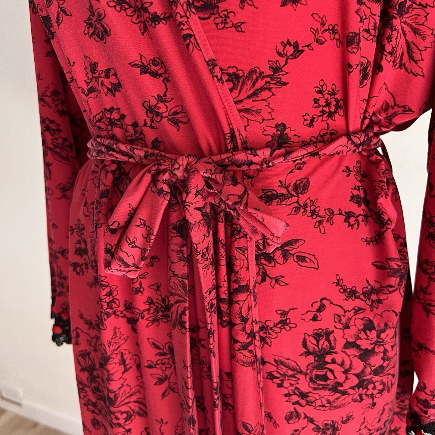 California Dynasty M/L Vintage Lace Red Floral Robe Kimono Belt Romantic Sexy