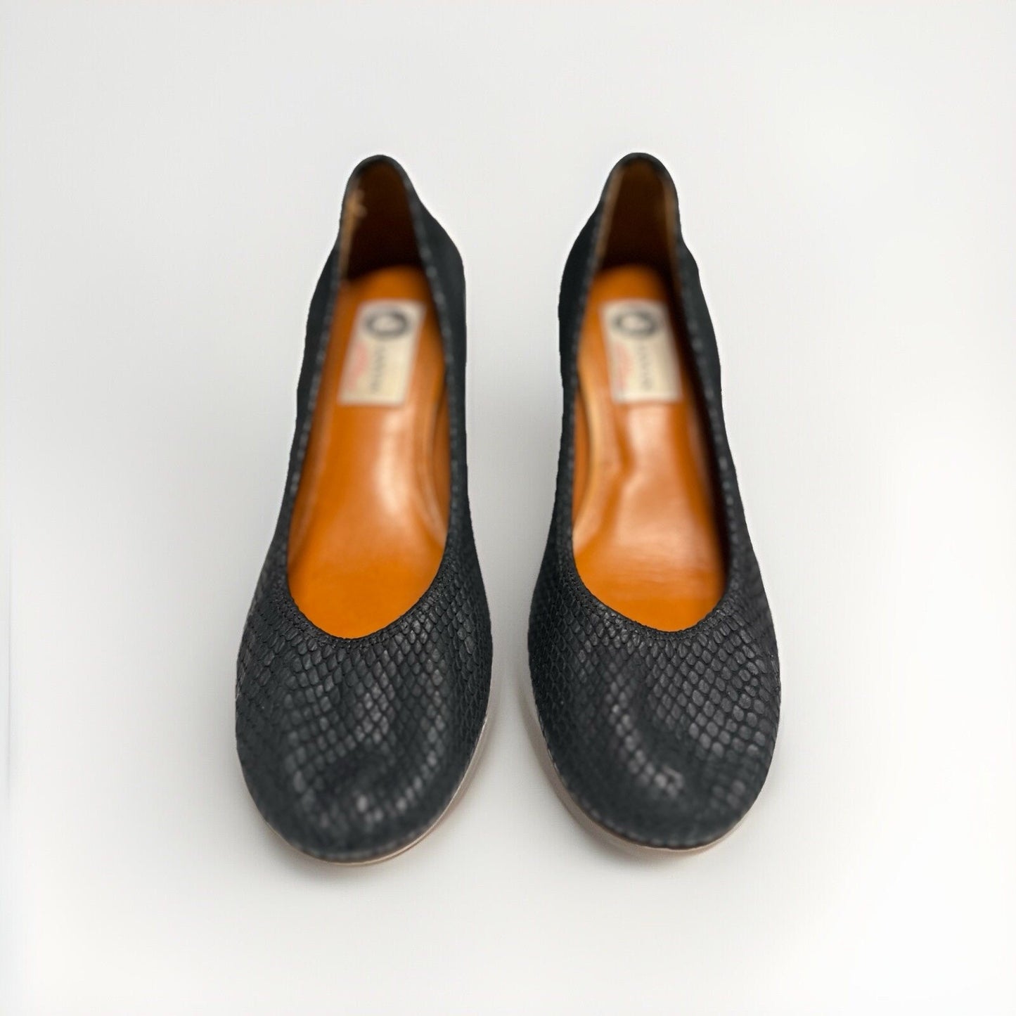 $645 Lanvin Black Snake Block Heel Ballerina Embossed Nubuck Leather 7.5 in Box