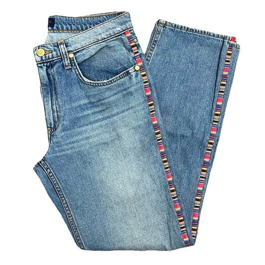 Ramy Brook Sz 26 Rosie Boyfriend Cropped Jean Mid-Rise Distressed Aztec Festival