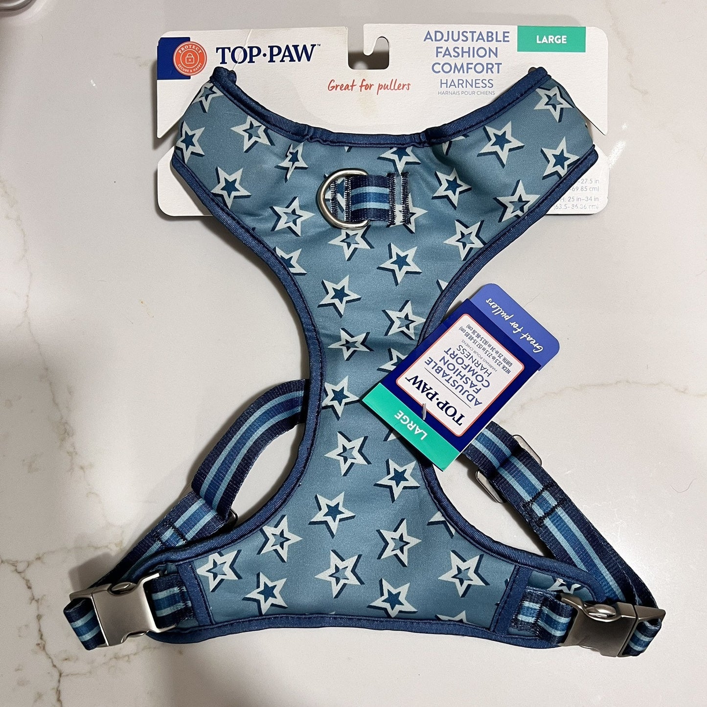 NEW Top Paw (L) Unisex Blue Stars Dog Puppy Adjustable Harness For Pullers