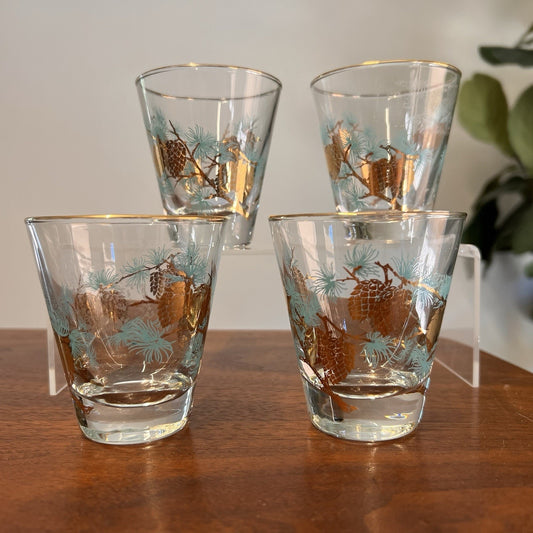 4 Libbey David Douglas Aqua Gold Pine Cone Glasses Barware Tumbler LRS37 MCM