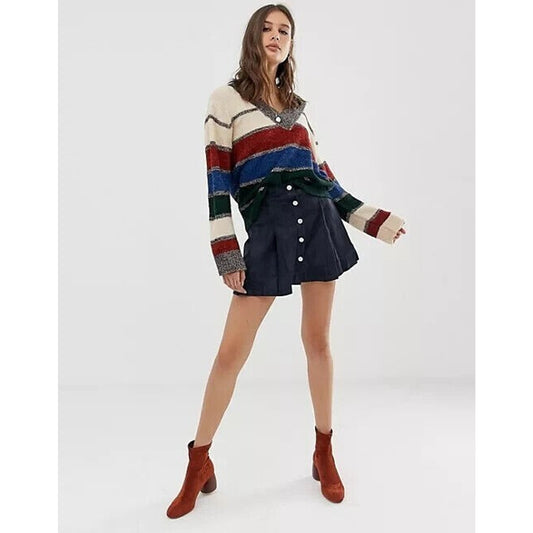 Anthropologie RAGA Small Skirt Blue Faux Suede Retro 70s Pleated Button Down
