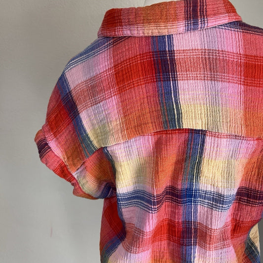 BEACH LUNCH LOUNGE (M) 100% Cotton Plaid Button Front Short Sleeve Shirt Preppy
