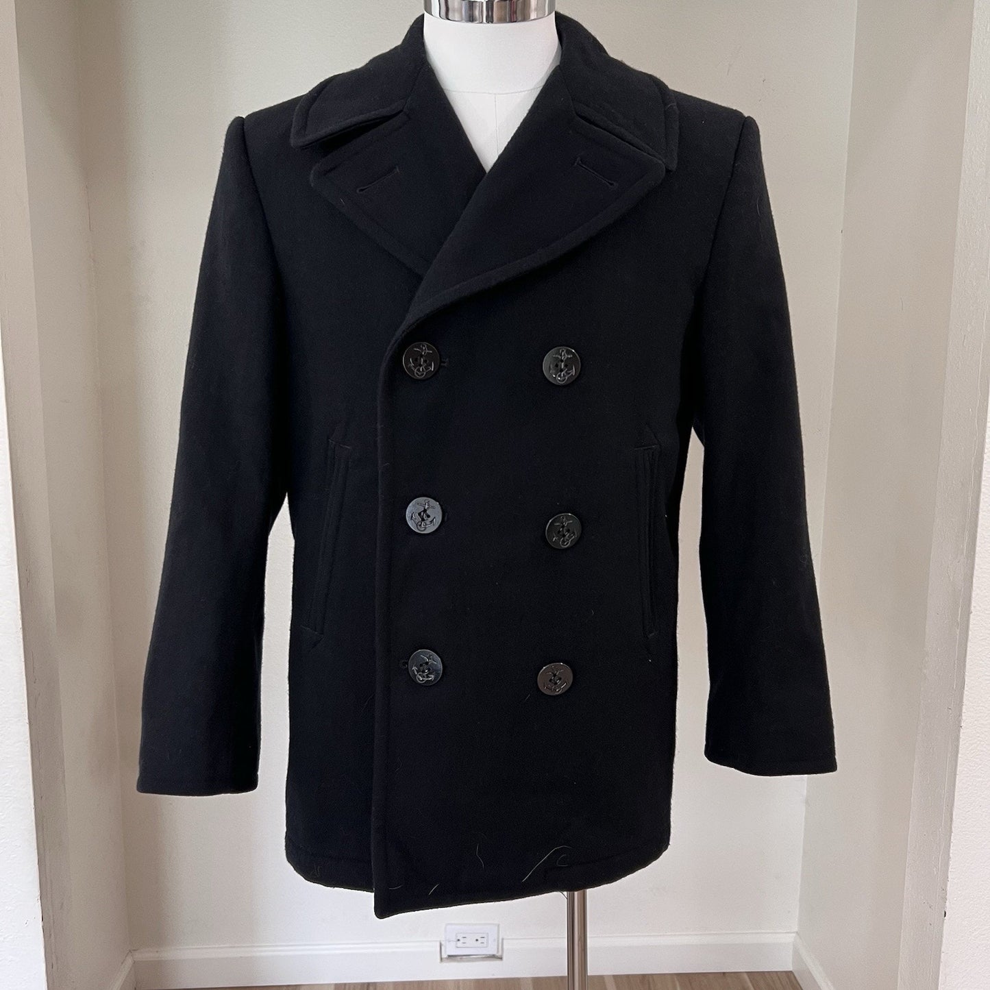 DSCP Quarterdeck Collection Peacoat 38S Navy Military Black Wool Double Breasted