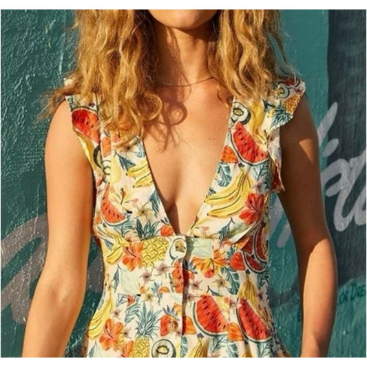 XS Marine Layer Camila Hemp Blend Romper Tropical Beach Summer Playful Ruffle