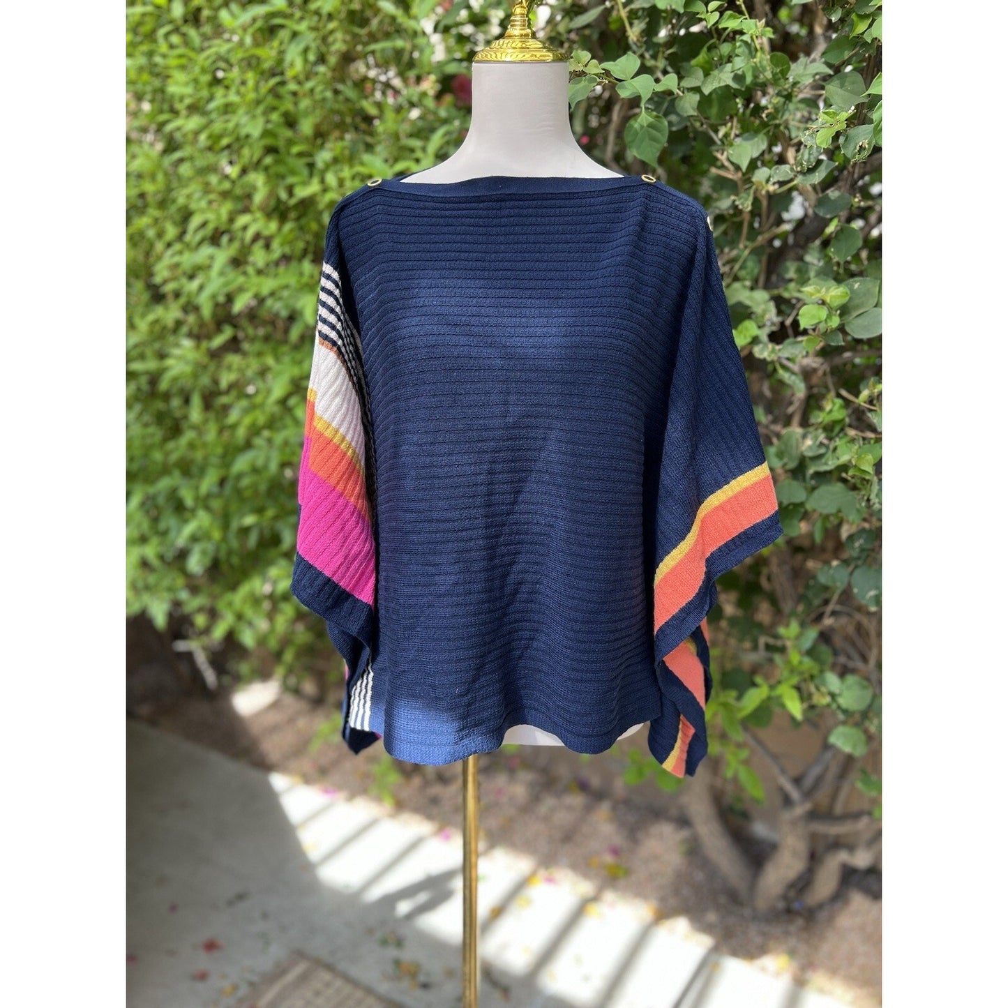 XS/S Trina Turk 100% Merino Wool Knit Poncho Off Shoulder Drape Sleeve Colorful