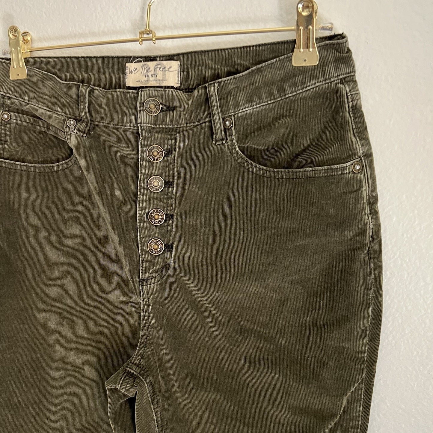 We The Free Free People Corduroy Button-Fly Green Stretch Skinny Jean Pant Retro